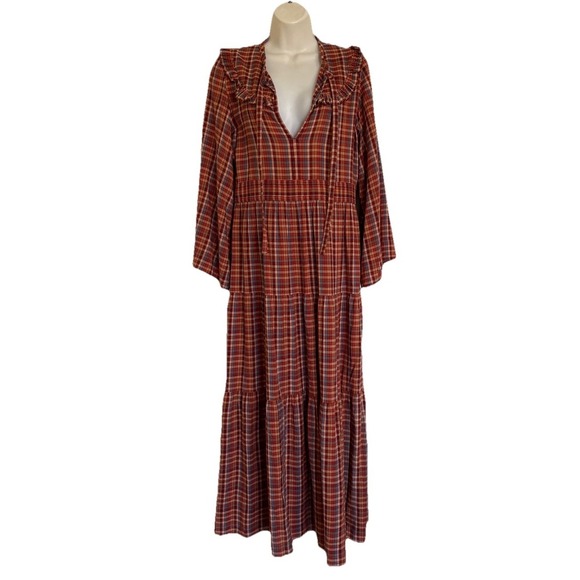 DOEN Honey Dress Midi Maxi Blue Autumn Plaid Prairie Boho Orange Red Women's S - Picture 4 of 14